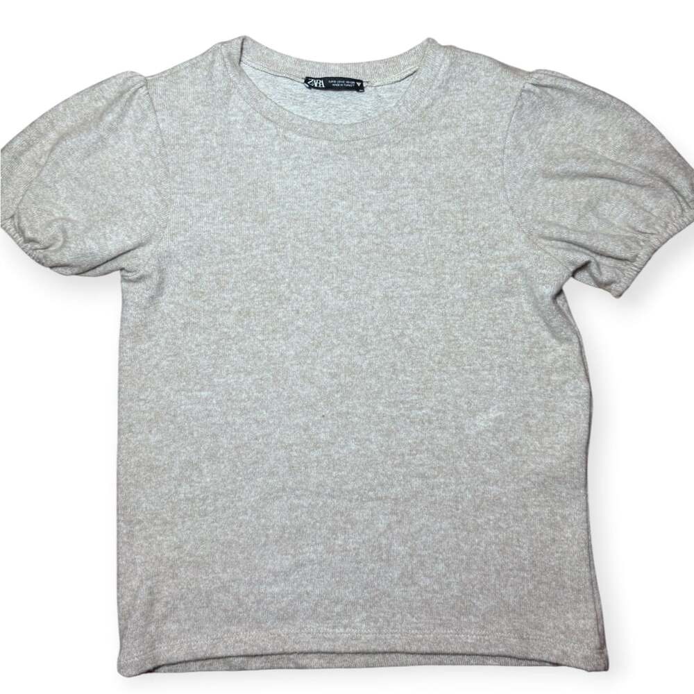 Zara Puff Sleeve Knit Top Size S Heather Beige Short Sleeve Blouse